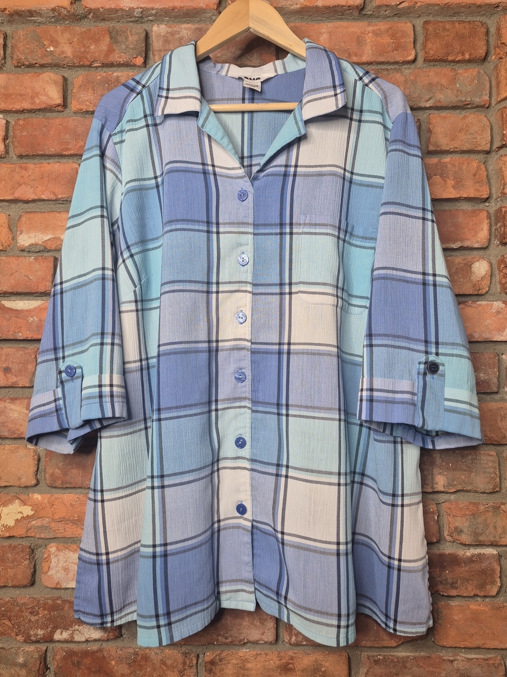 ALIA 22W Blue Plaid Button Front Roll Tab Cotton Blend Tunic Top